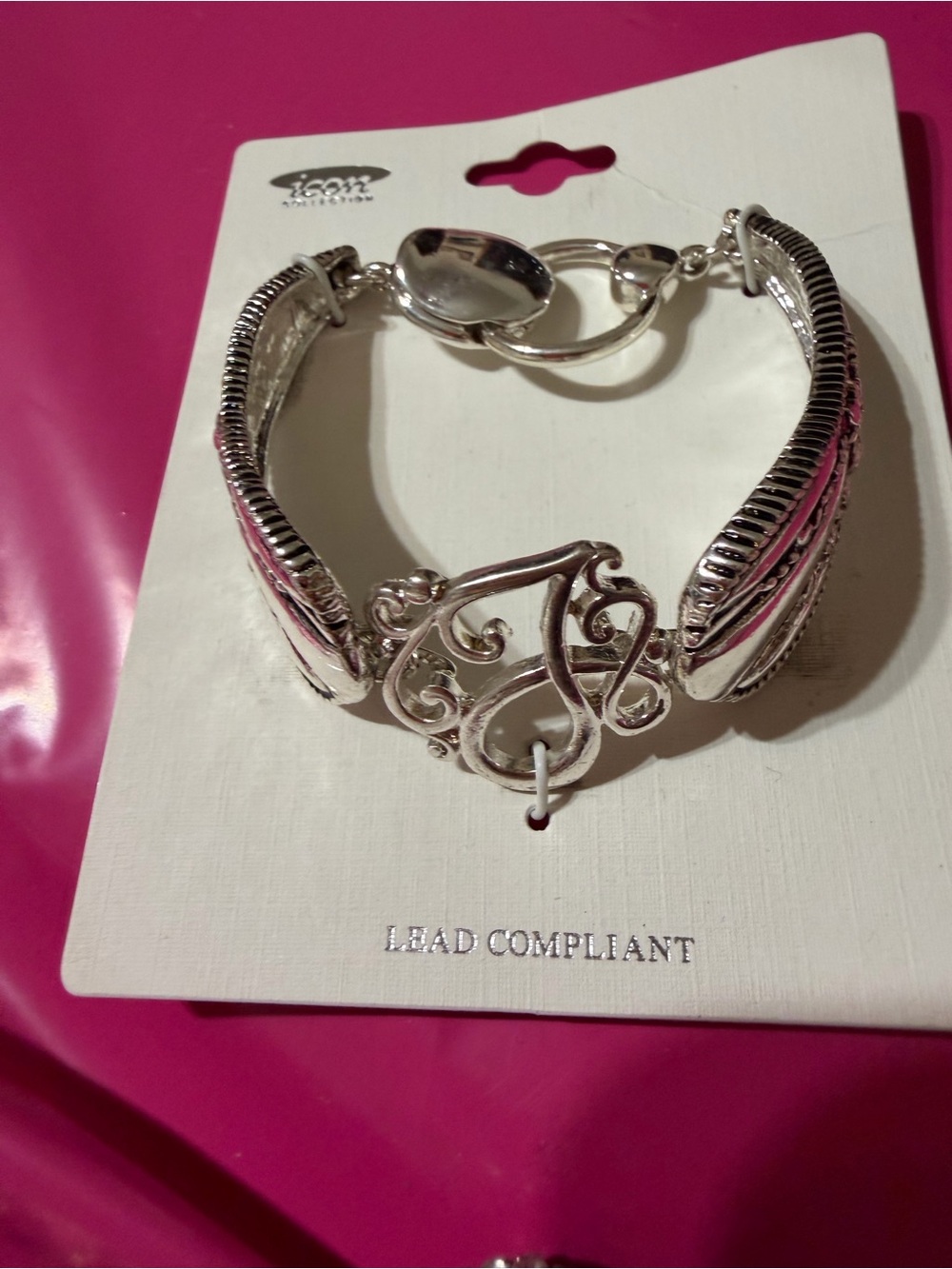 ICON Silver Filigree Cuff Initial Spoon Bracelet, Letter “J” NEW